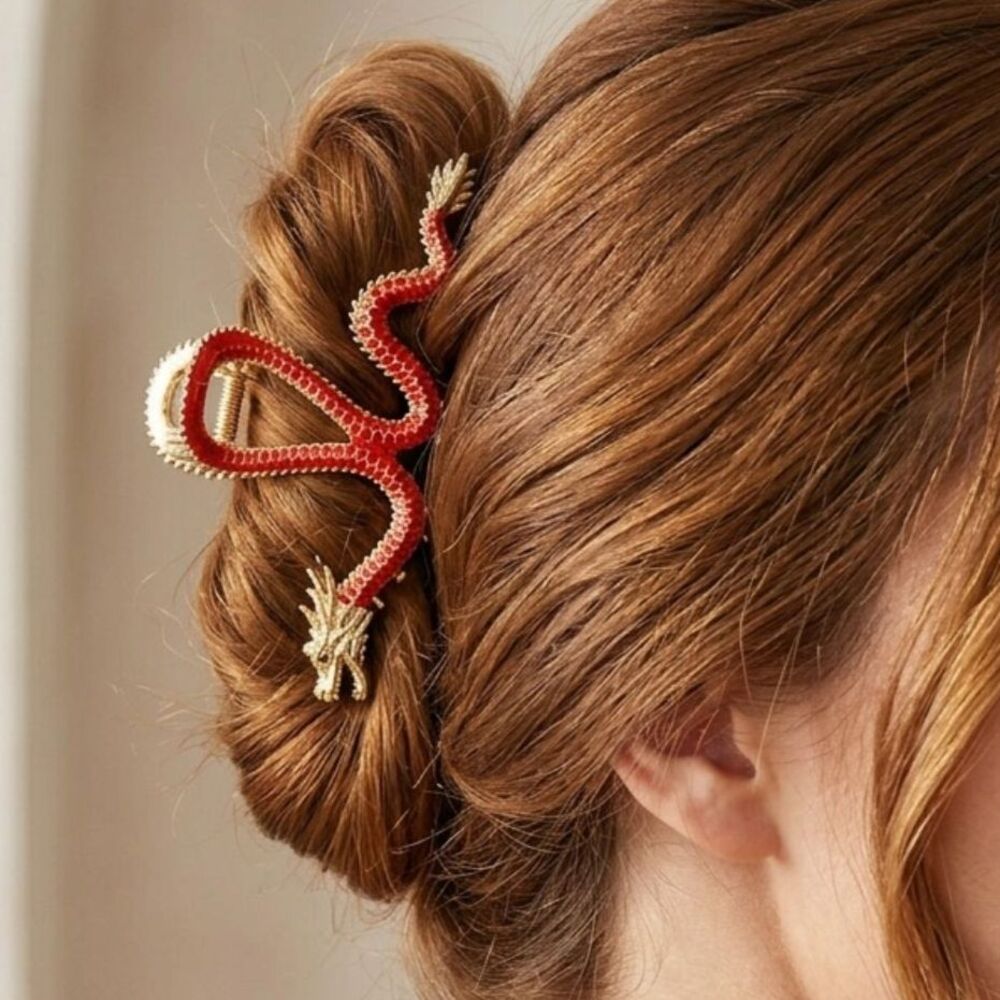 Gold Red Dragon Hair Claw Clip Large Metal Jaw Clamp Bun Statement Accessory